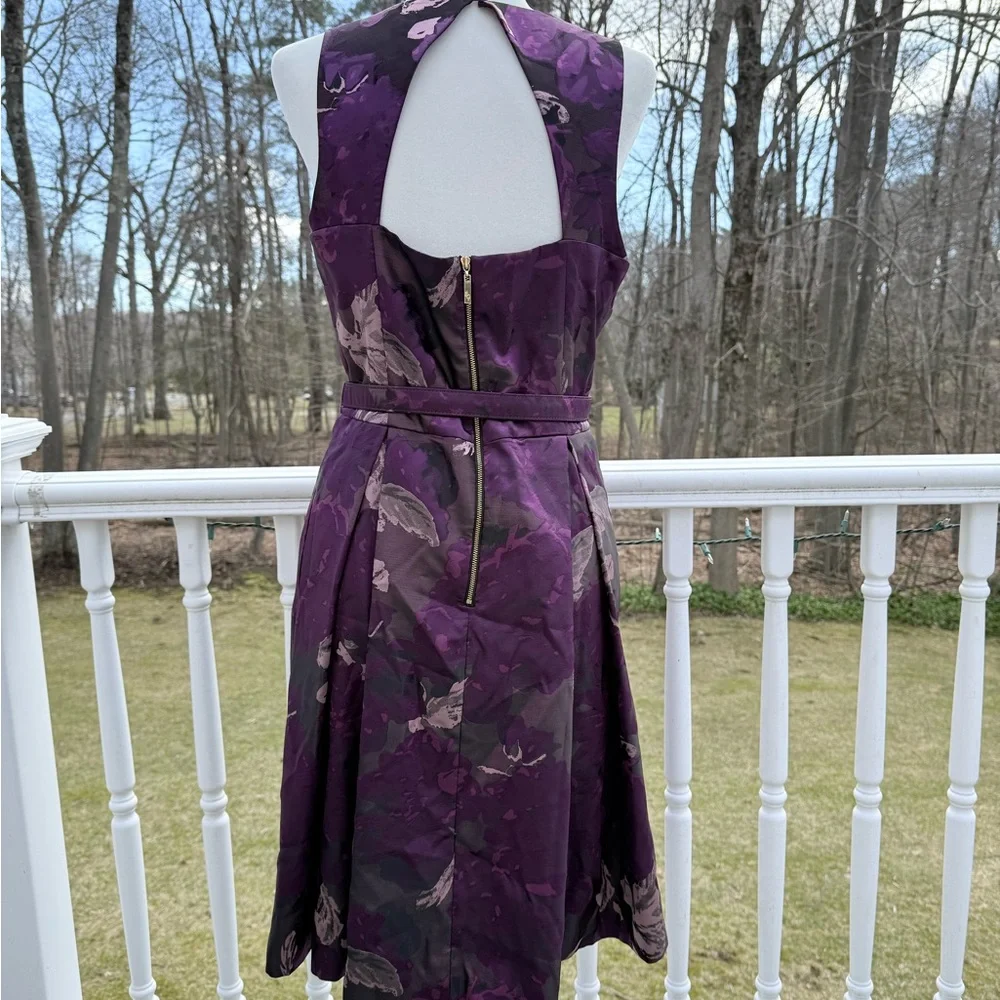 Eliza J embellished neck purple jacquard fit and flare belted dress - Picture 5 of 10
